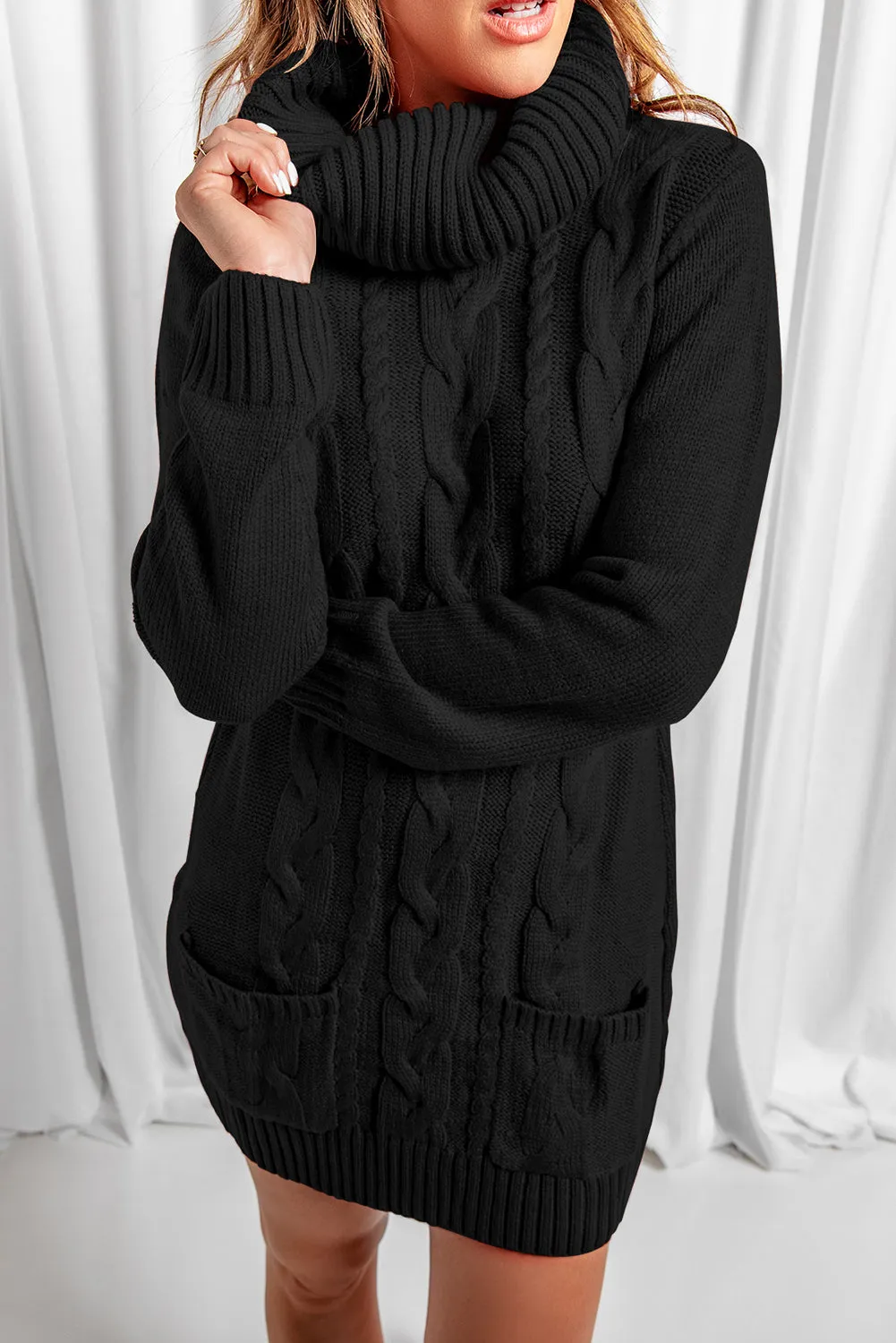 Cowl Neck Cable Knit Sweater Dress