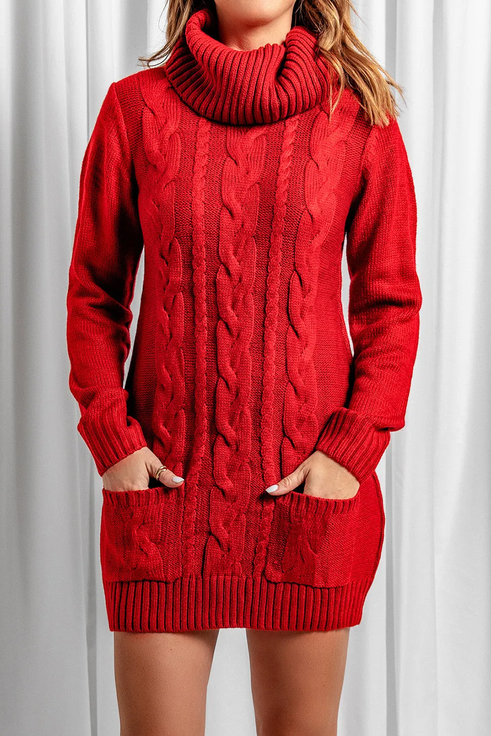 Cowl Neck Cable Knit Sweater Dress