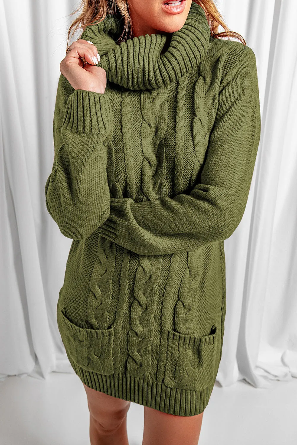 Cowl Neck Cable Knit Sweater Dress