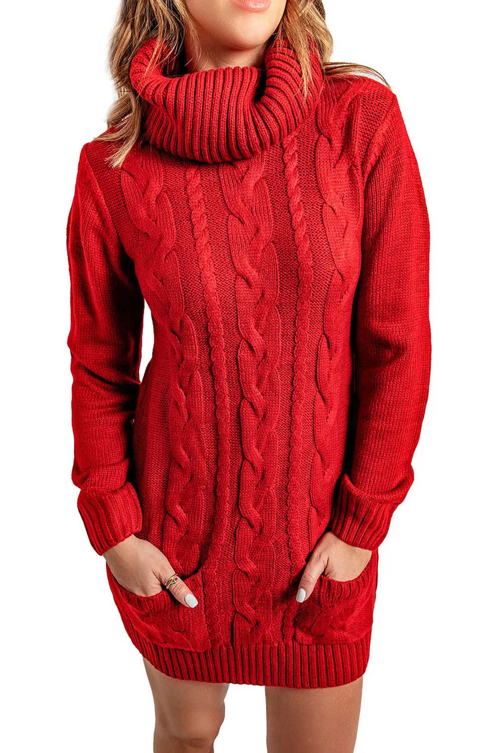 Cowl Neck Cable Knit Sweater Dress