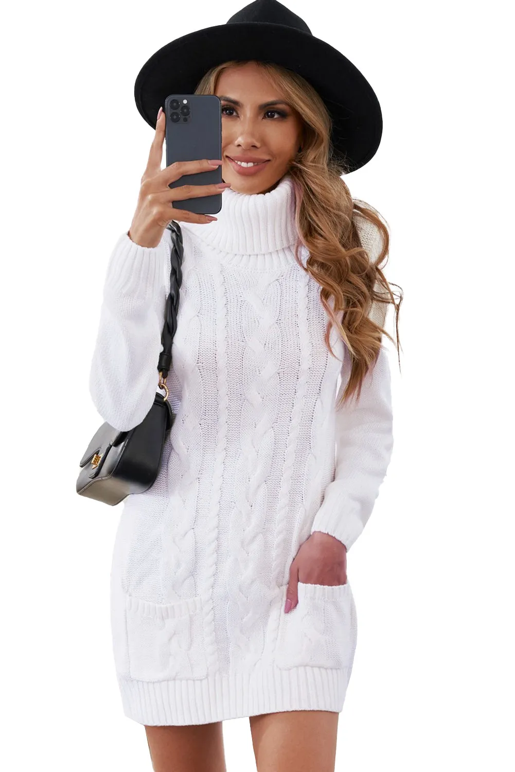 Cowl Neck Cable Knit Sweater Dress