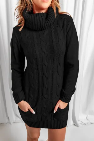 Cowl Neck Cable Knit Sweater Dress