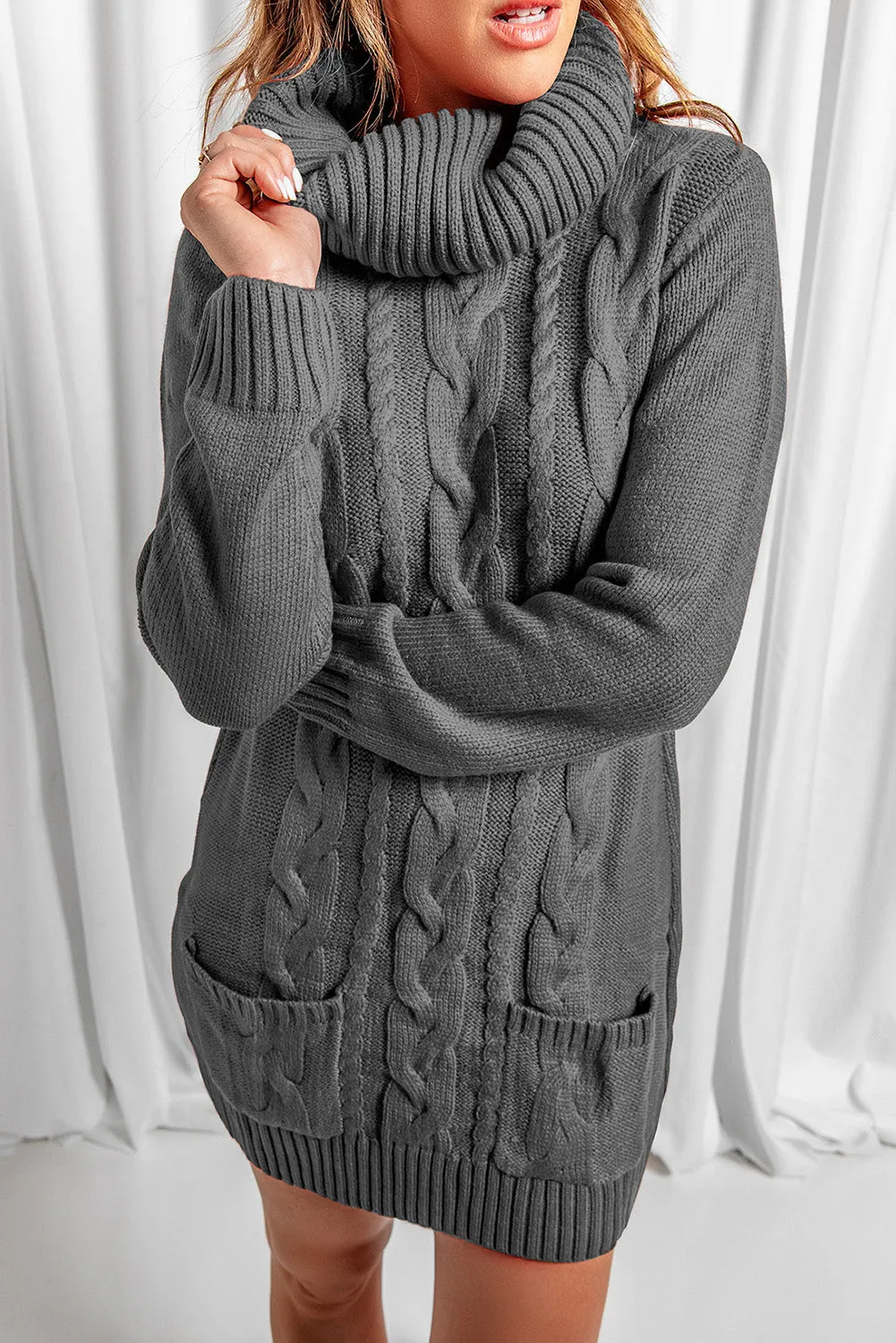 Cowl Neck Cable Knit Sweater Dress