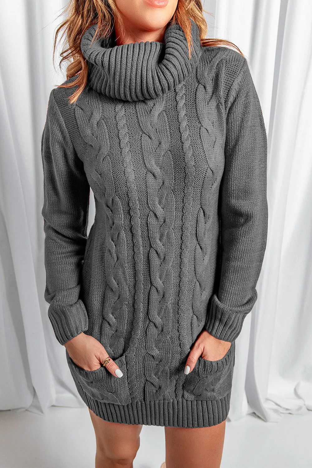 Cowl Neck Cable Knit Sweater Dress