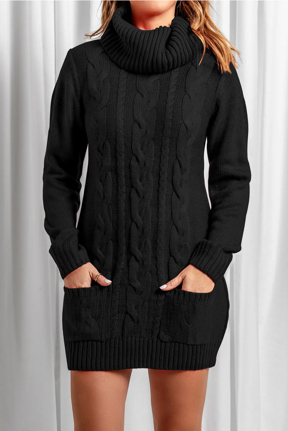 Cowl Neck Cable Knit Sweater Dress