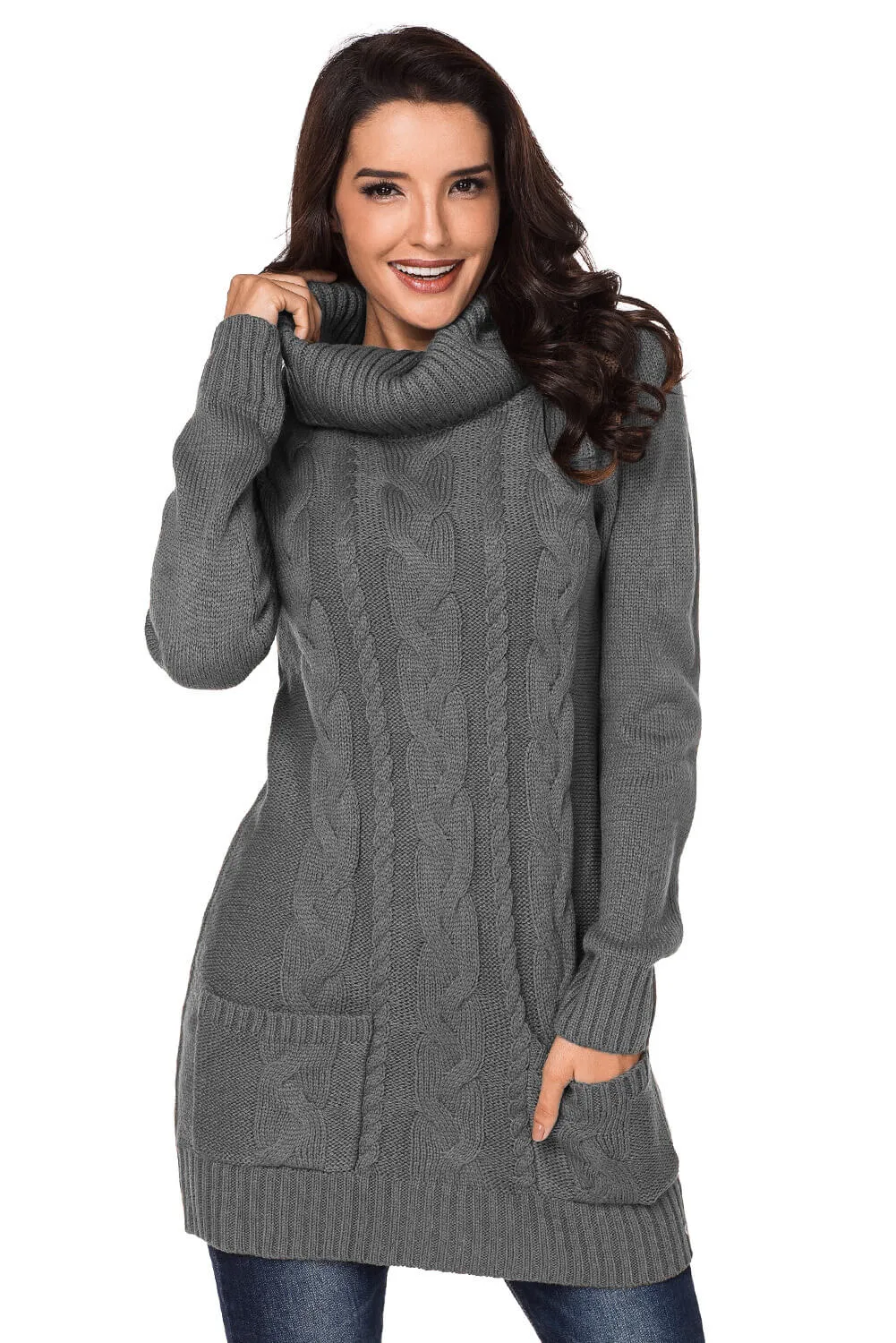 Cowl Neck Cable Knit Sweater Dress