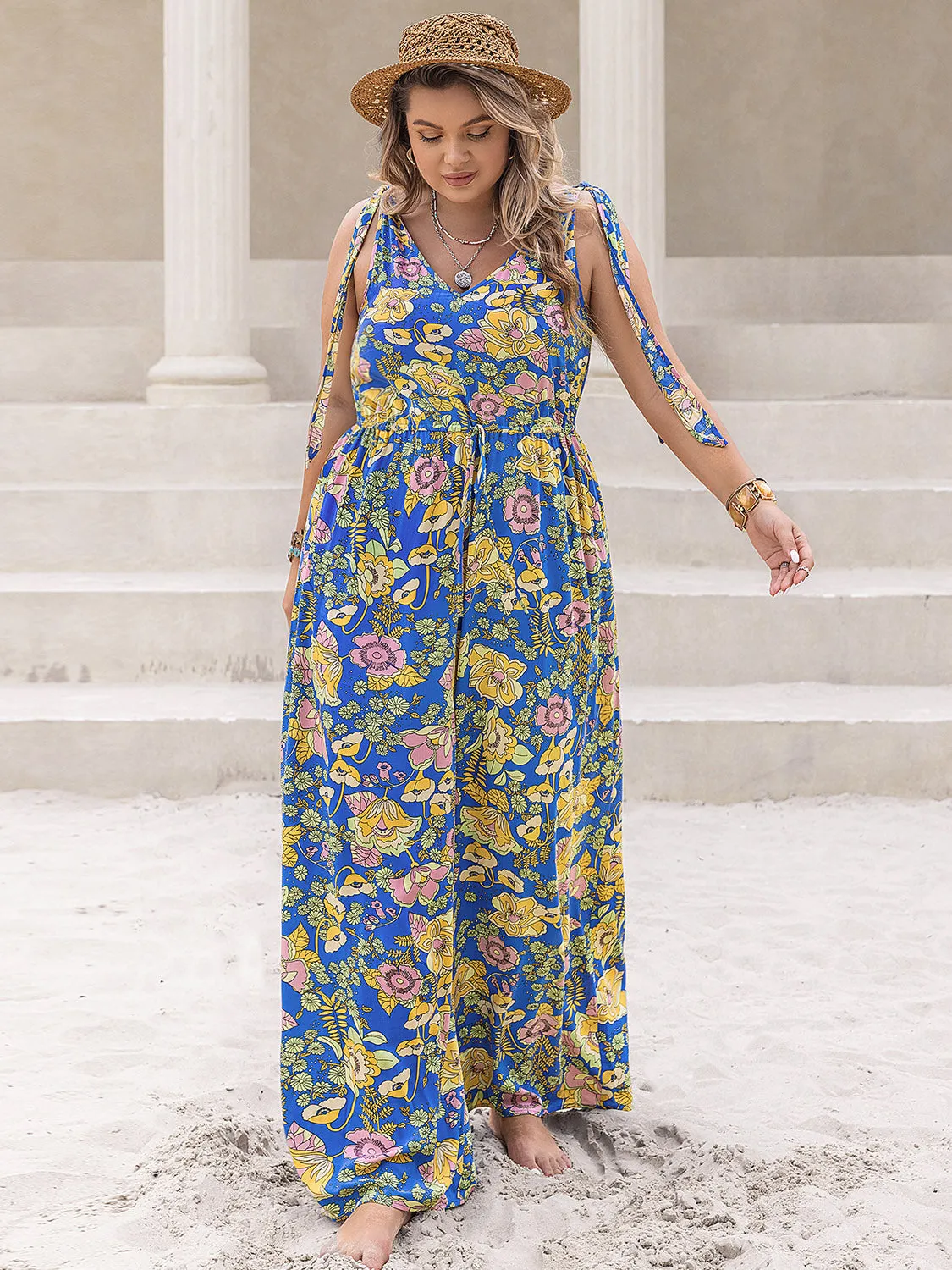 Curvy Girl Printed V-Neck Wide Leg Jumpsuit