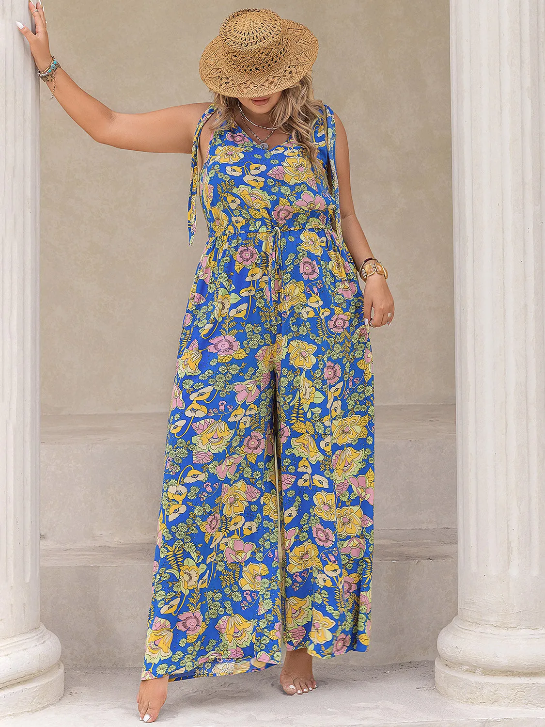 Curvy Girl Printed V-Neck Wide Leg Jumpsuit