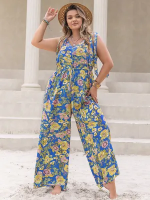 Curvy Girl Printed V-Neck Wide Leg Jumpsuit