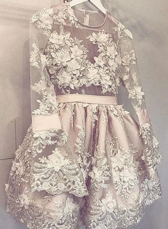 Cute Champagne Lace Short Prom Dress, Long Sleeve Homecoming Dress