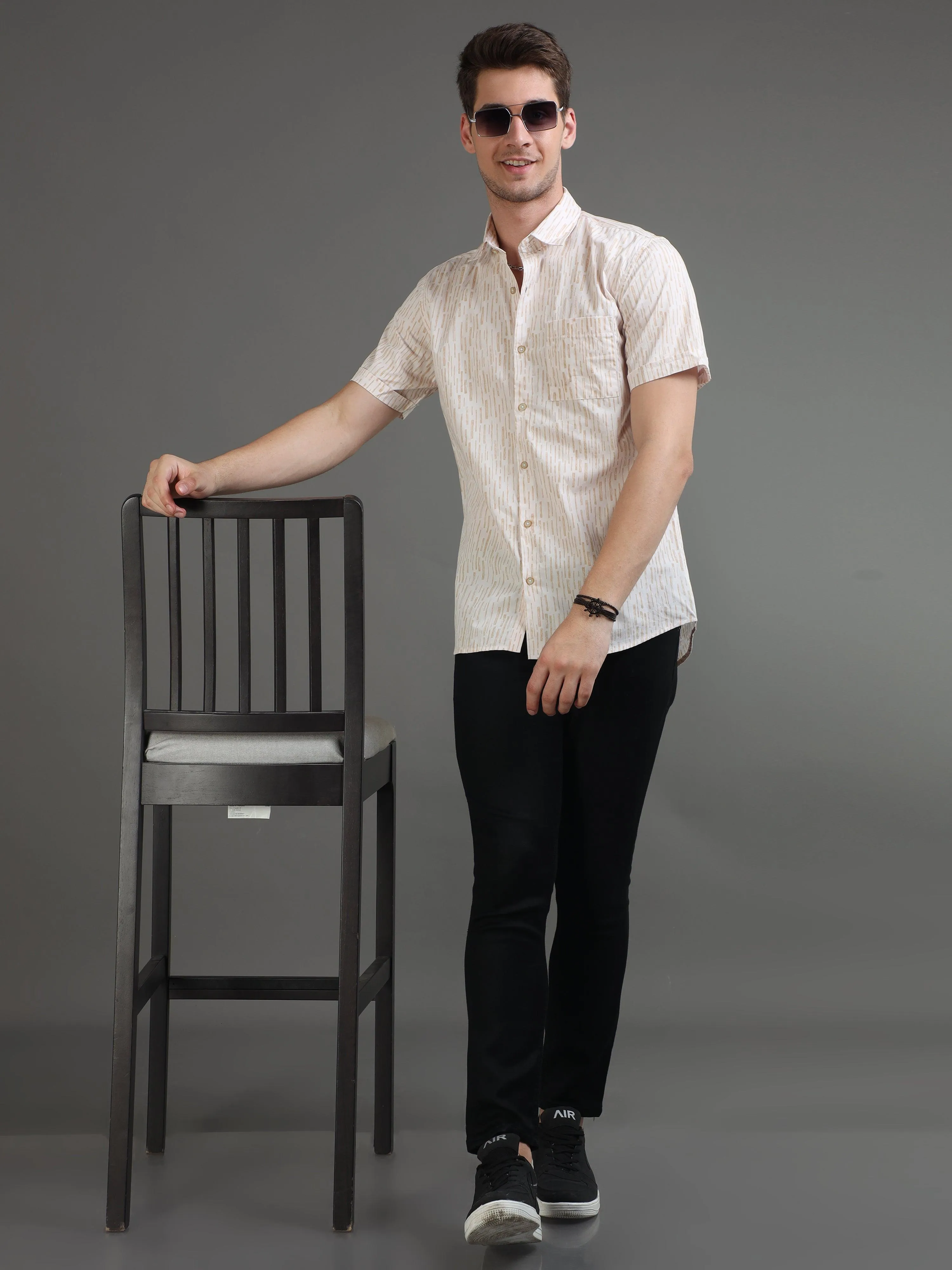 Dash Brown Stripe Print Half Sleeves Shirt