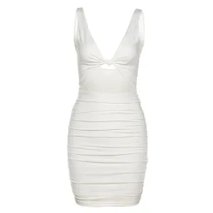 Elegant V Neck White Summer Spaghetti Strap Sleeveless Cut Out Ruched Bodycon Dress Outfit