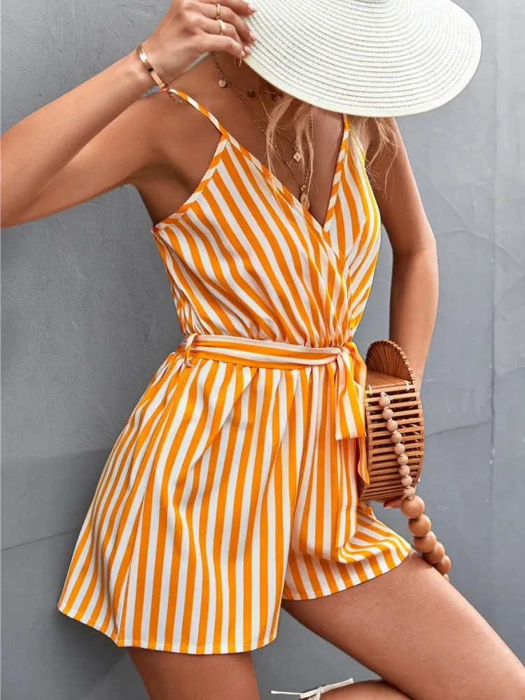 Fashion Summer New Women's Jumpsuit V Neck Short Bodysuit Backless Sexy Stripe Bandage Sleeveless Woman Clothing