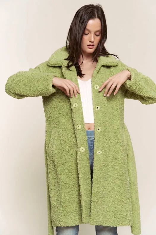 Faux Fur Belted Midi Length Jacket GREEN