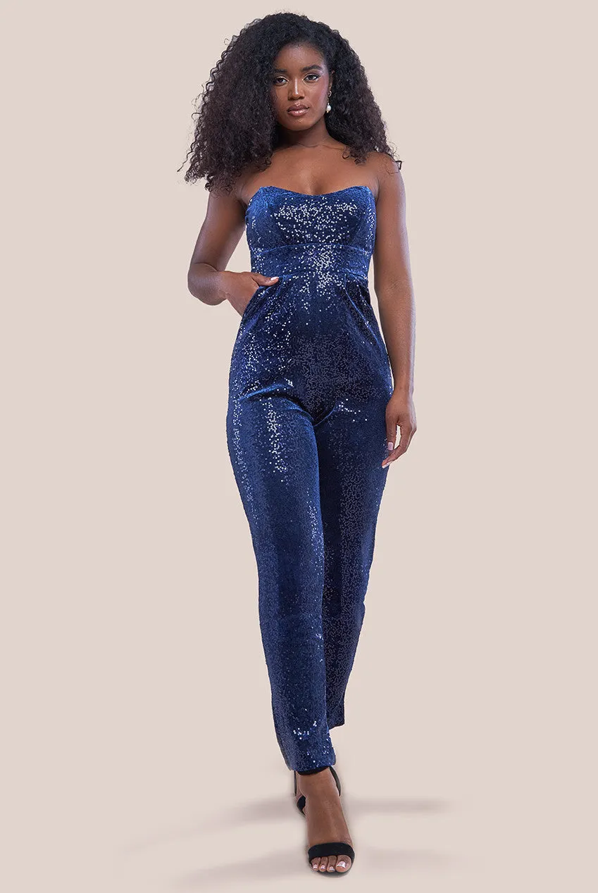 Goddiva Patterned Sequin Velvet Corset Jumpsuit