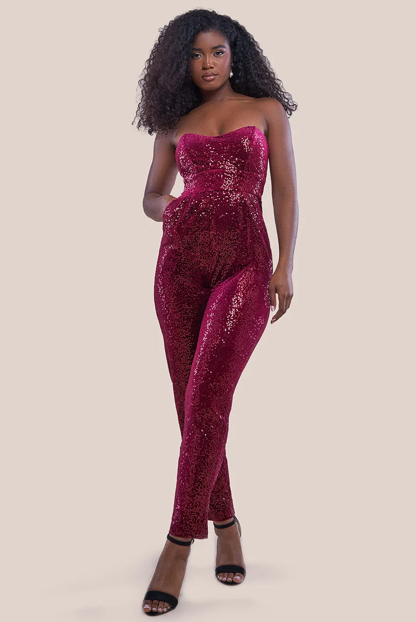 Goddiva Patterned Sequin Velvet Corset Jumpsuit