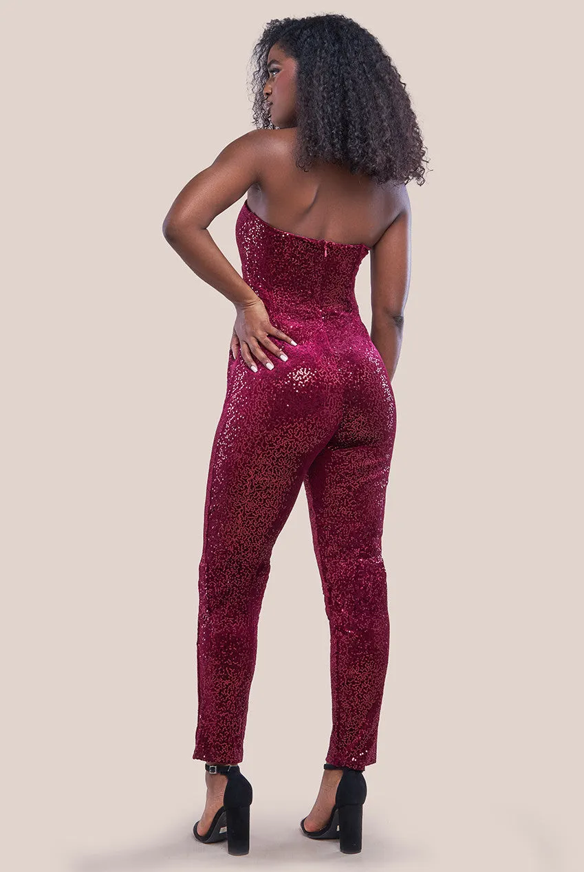 Goddiva Patterned Sequin Velvet Corset Jumpsuit