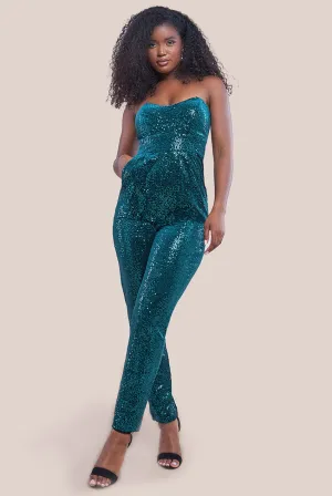 Goddiva Patterned Sequin Velvet Corset Jumpsuit