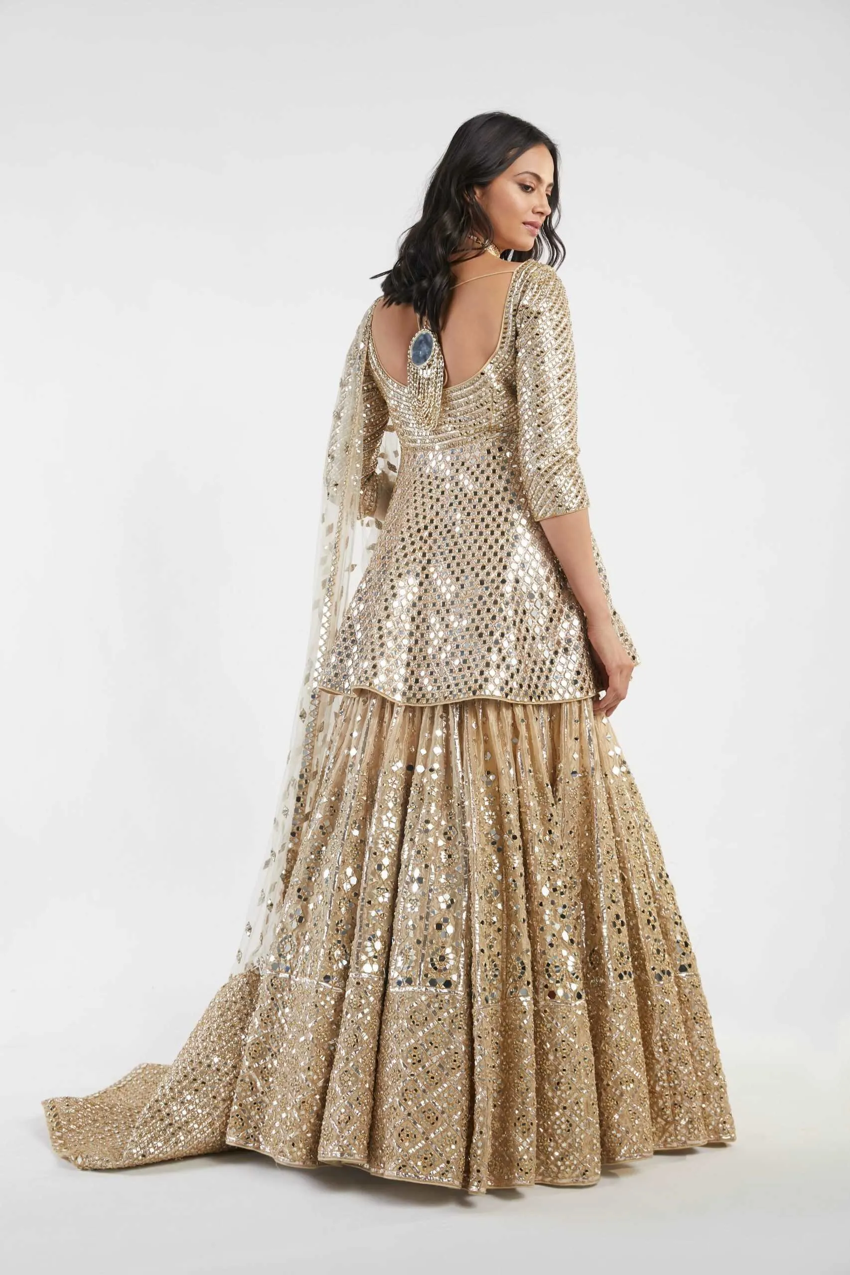 golden embellished peplum skirt set