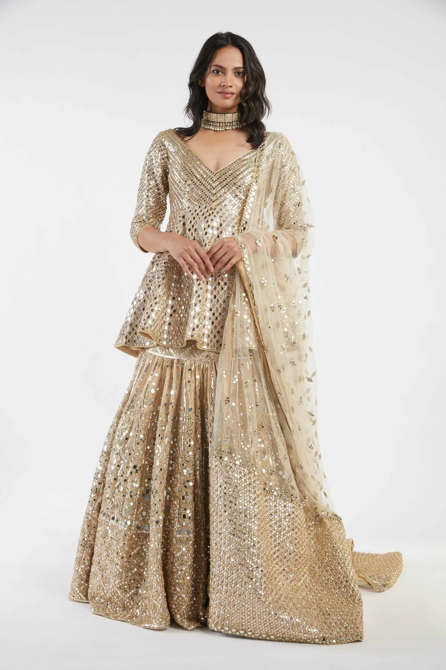 golden embellished peplum skirt set