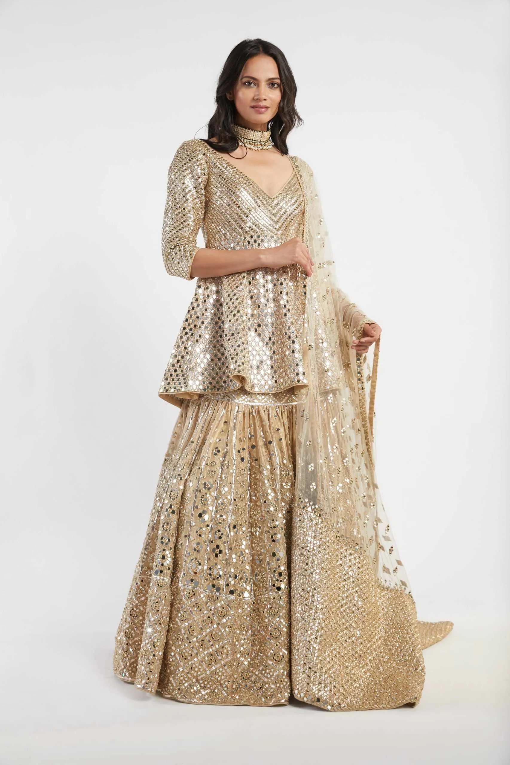 golden embellished peplum skirt set