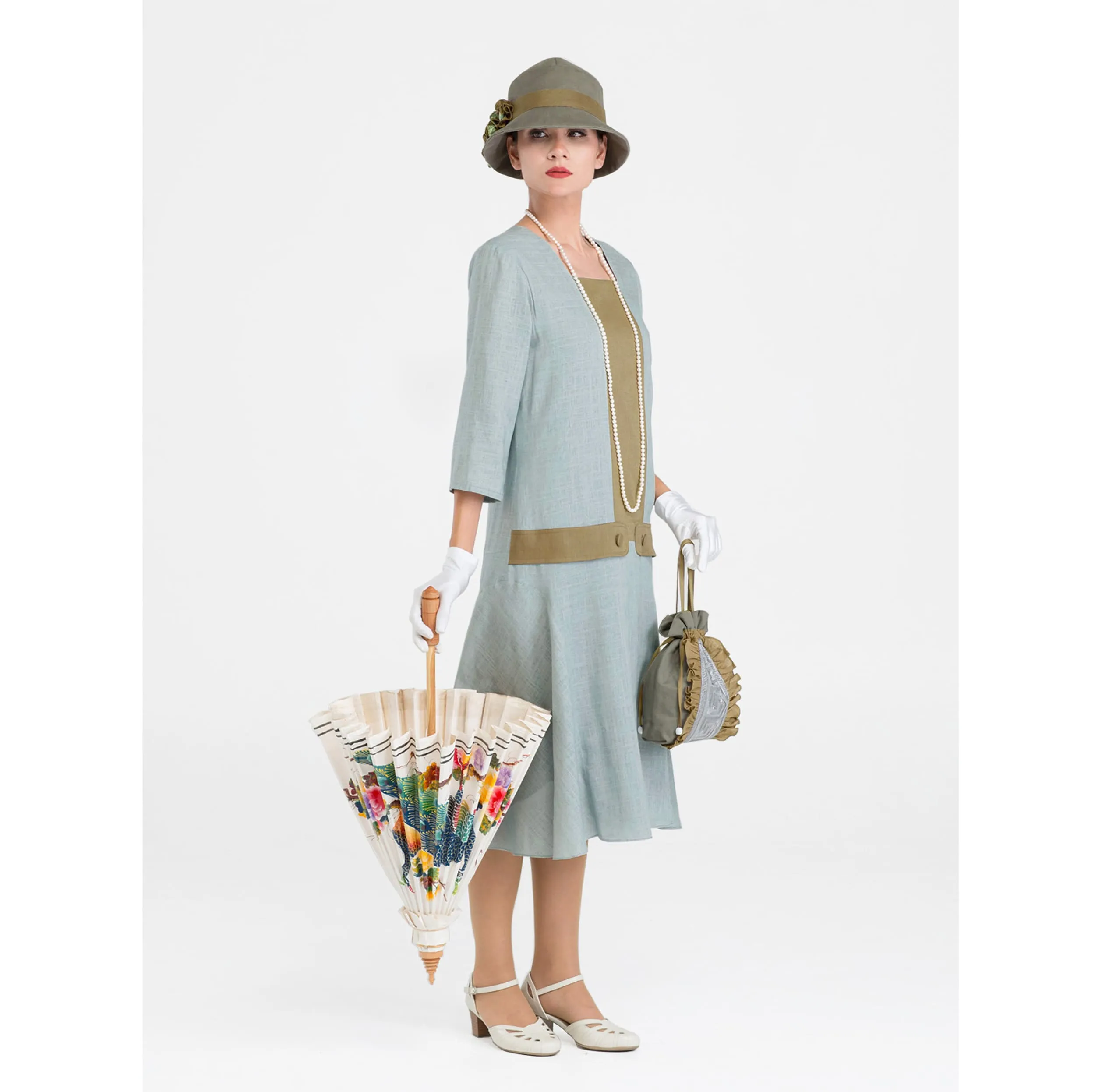 Great Gatsby linen dress in grey and olive with square neckline