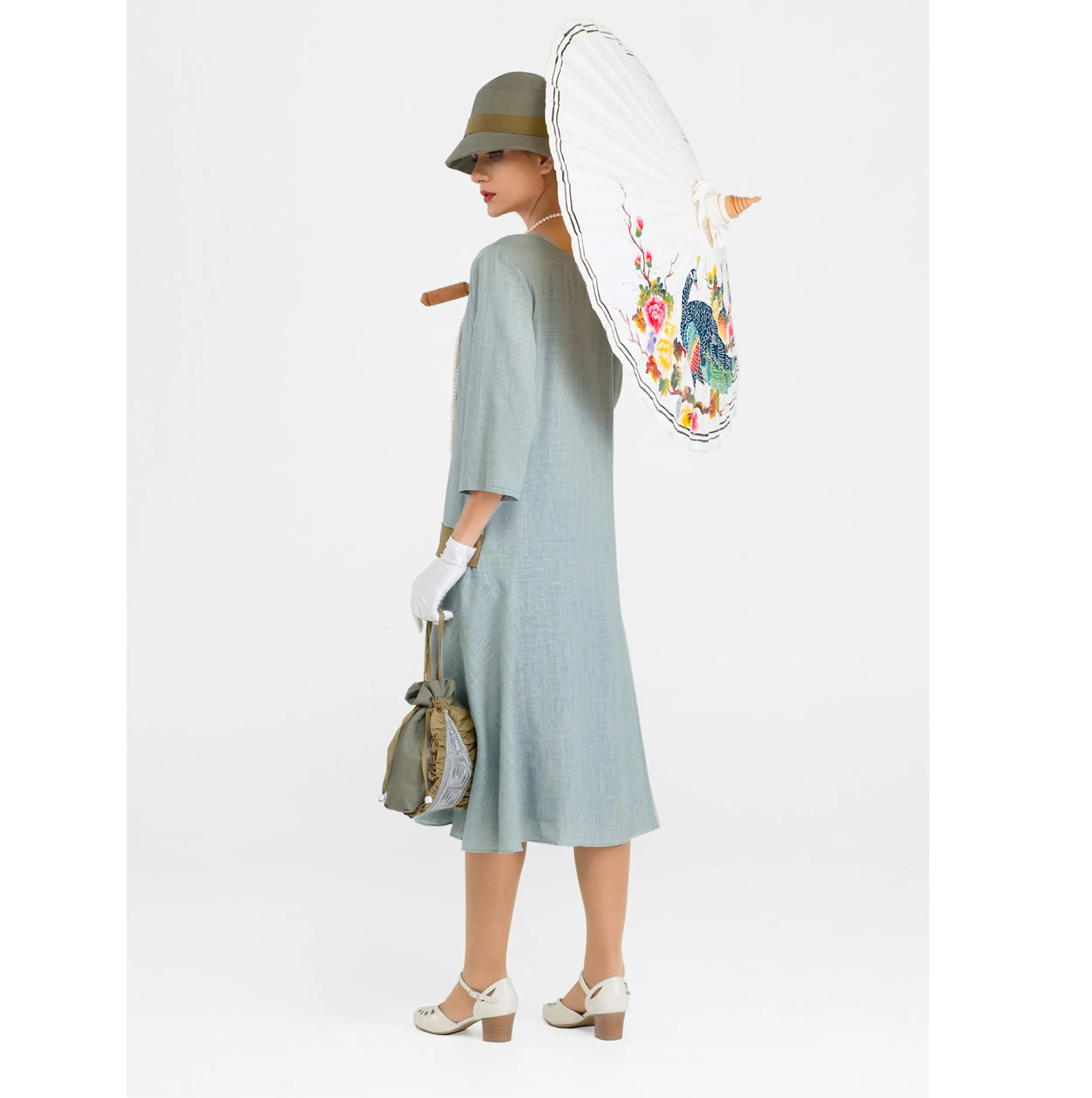 Great Gatsby linen dress in grey and olive with square neckline