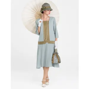 Great Gatsby linen dress in grey and olive with square neckline