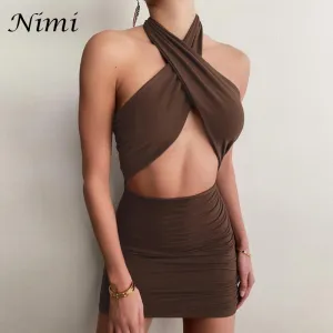 Halter Sexy Mini Summer Clothing Cross Bandage Hollow Out Party Fashion Slim Sleeveless Off Shoulder Dress