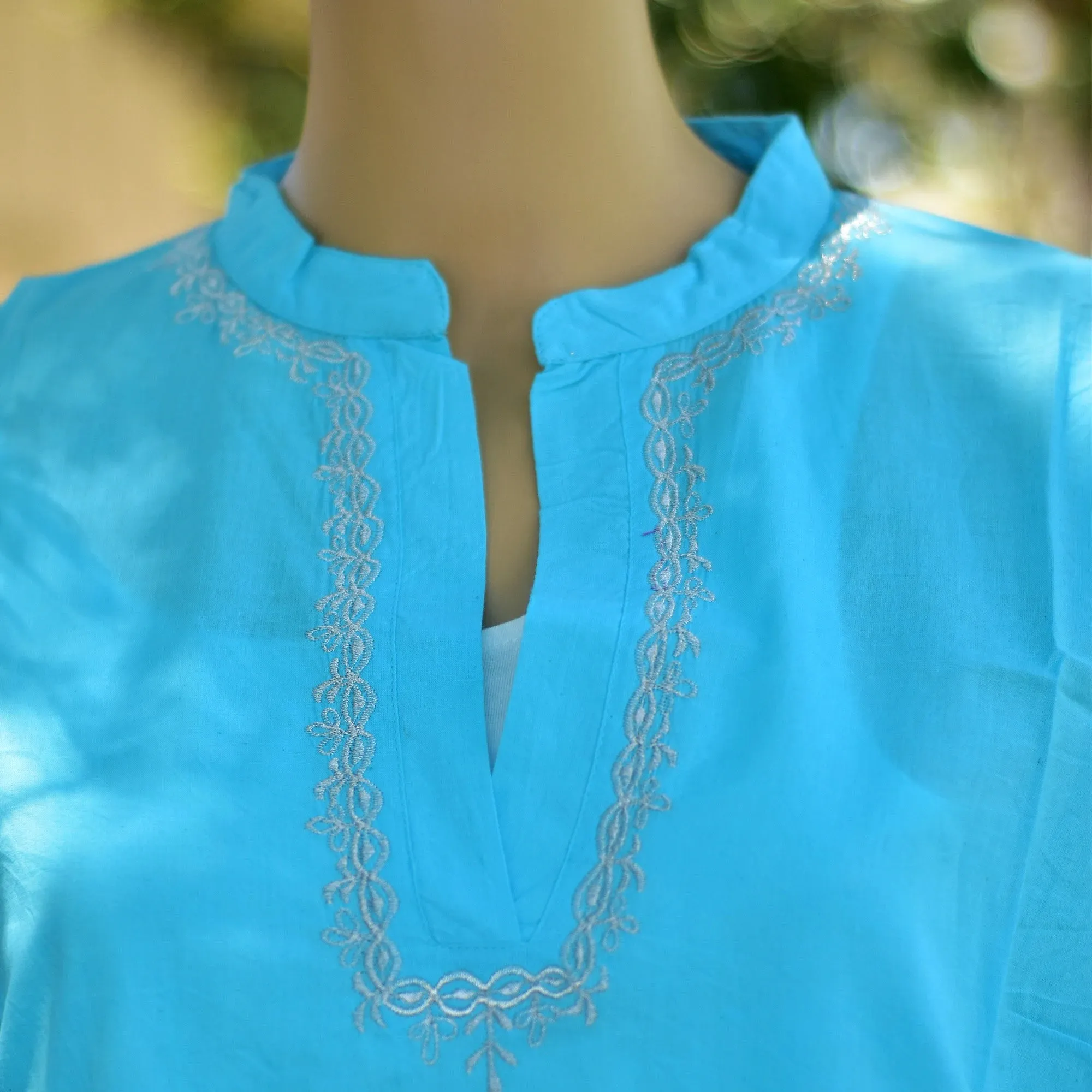 Indian Classic Boho Embroidered Mandarin Collar Long Sleeve Long Tunic Dress