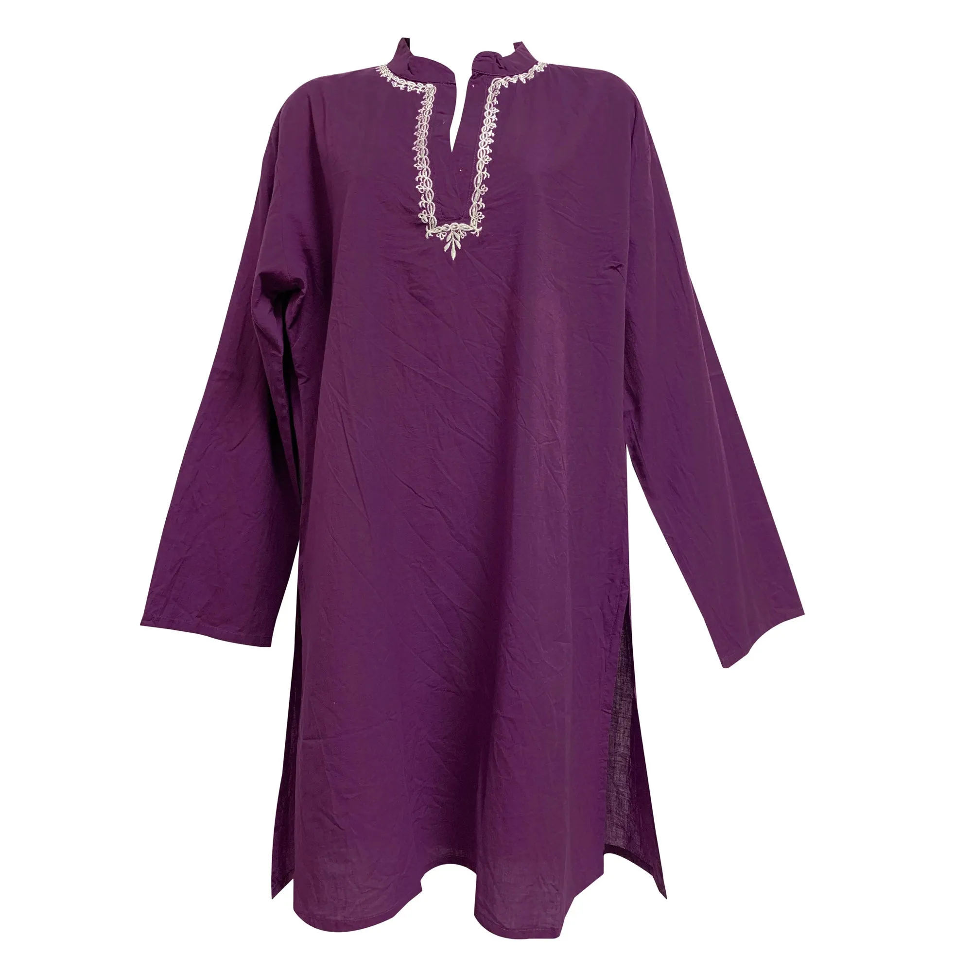 Indian Classic Boho Embroidered Mandarin Collar Long Sleeve Long Tunic Dress