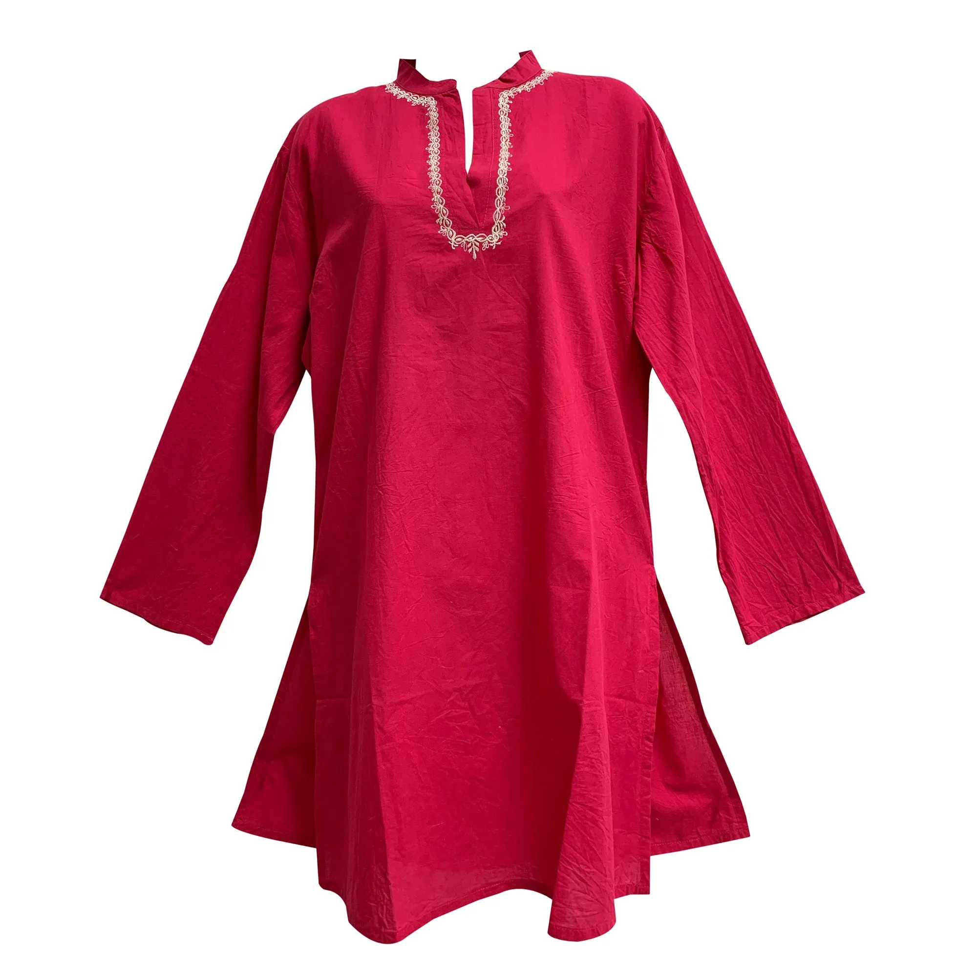 Indian Classic Boho Embroidered Mandarin Collar Long Sleeve Long Tunic Dress