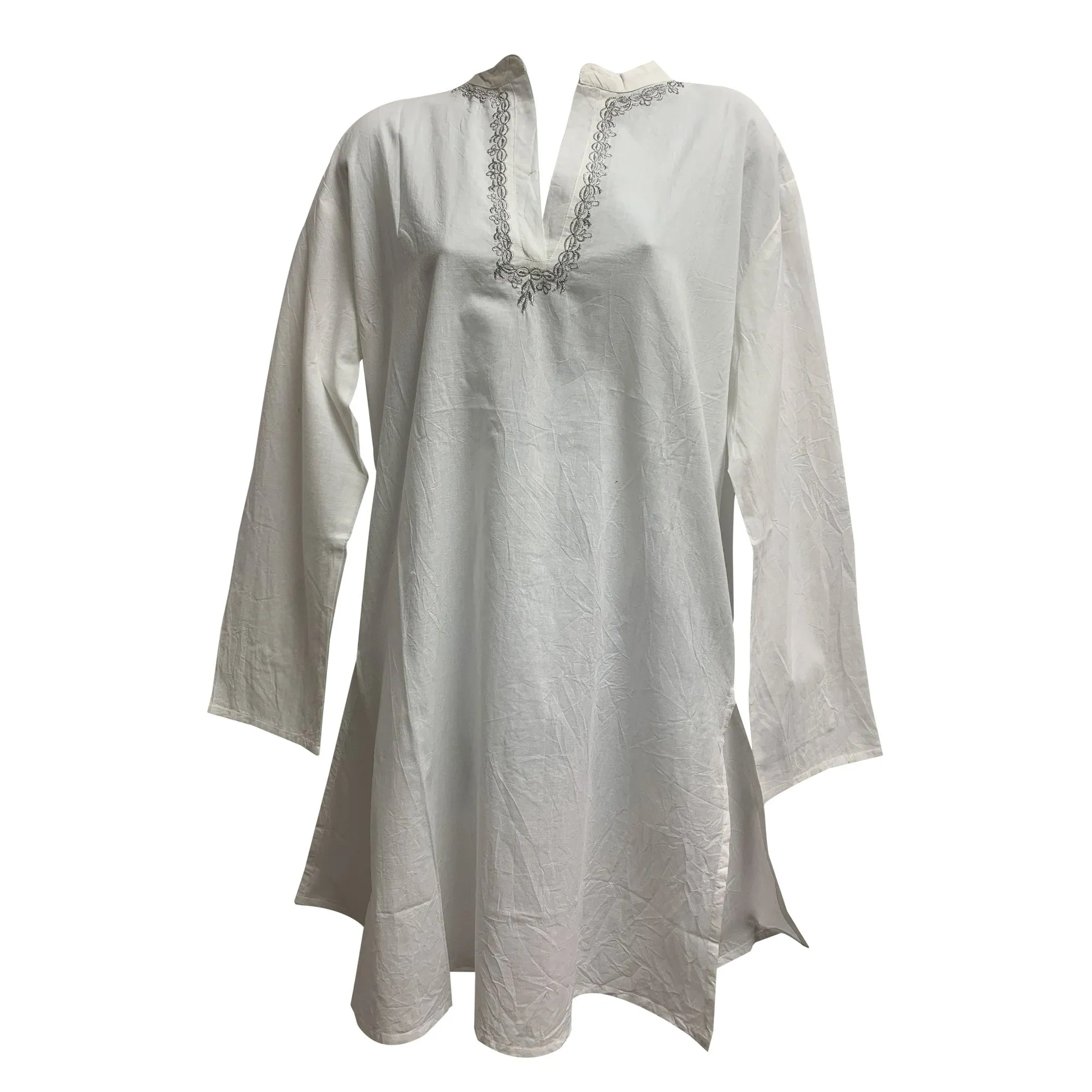 Indian Classic Boho Embroidered Mandarin Collar Long Sleeve Long Tunic Dress
