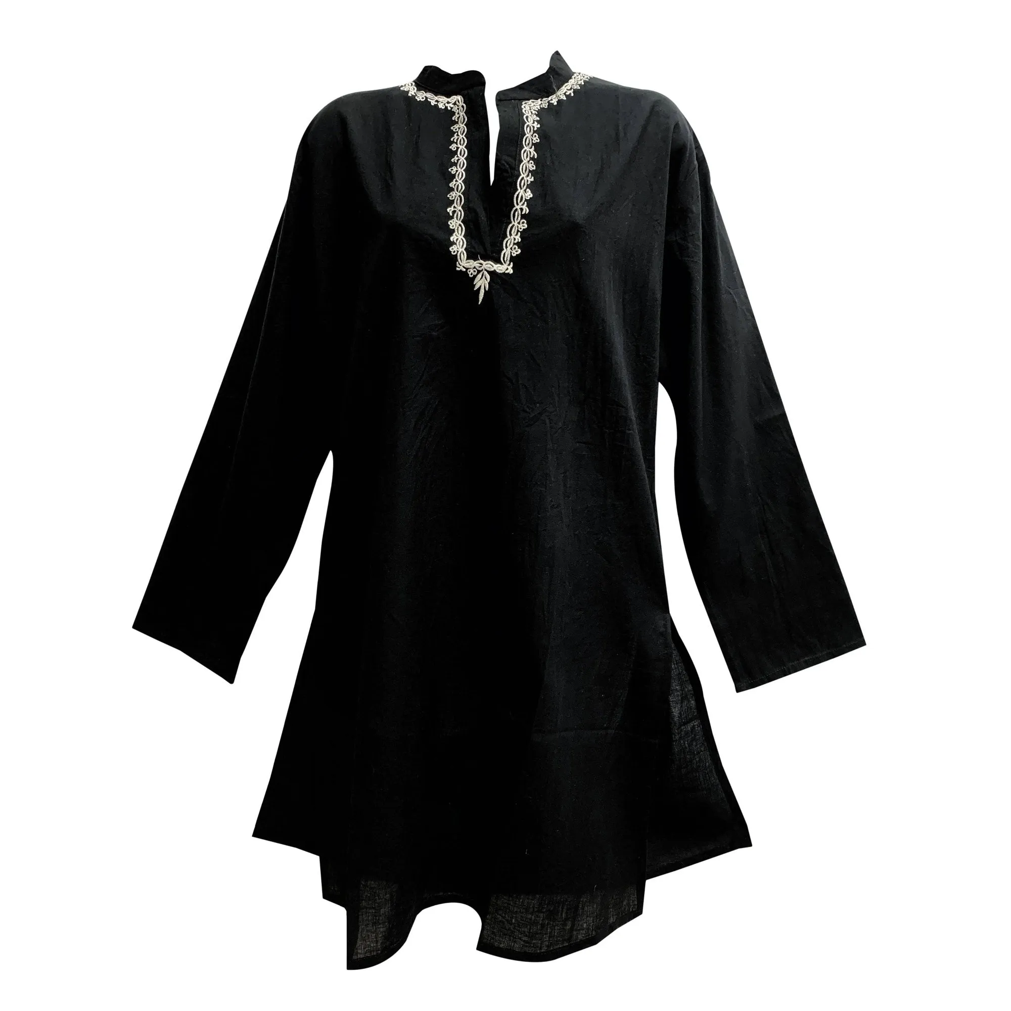 Indian Classic Boho Embroidered Mandarin Collar Long Sleeve Long Tunic Dress