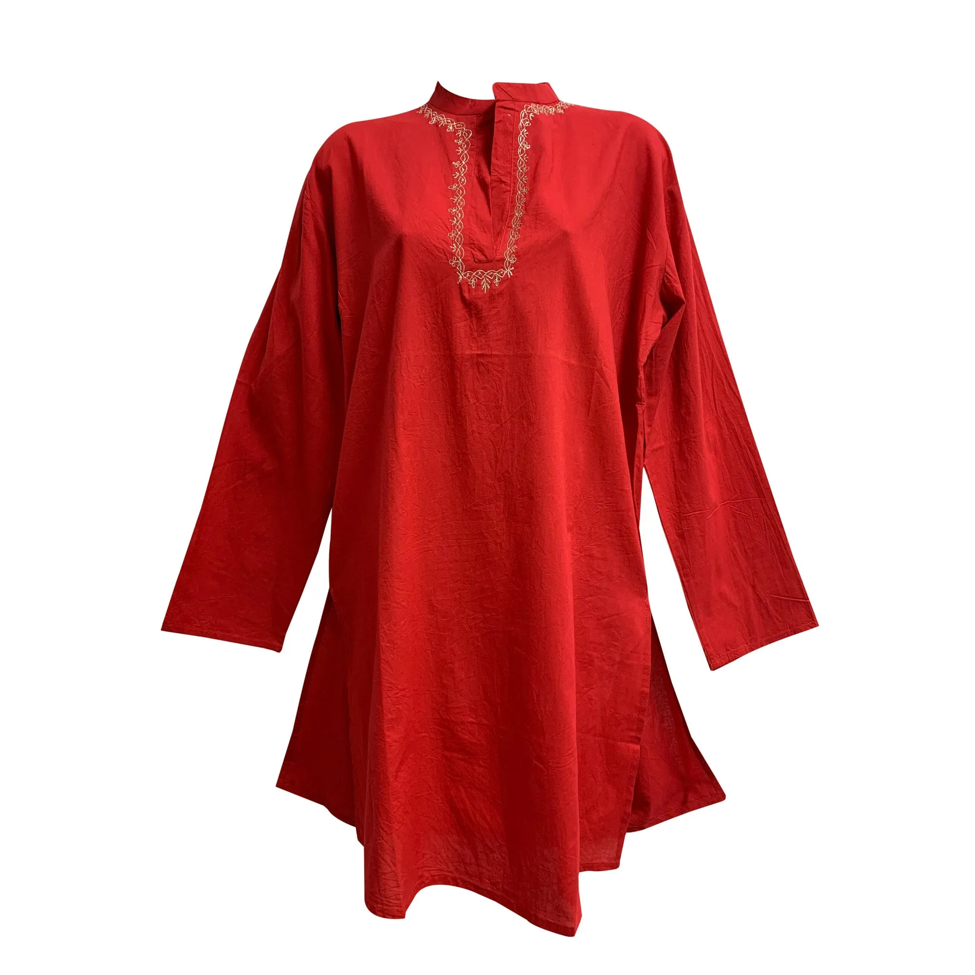 Indian Classic Boho Embroidered Mandarin Collar Long Sleeve Long Tunic Dress
