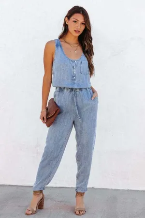 JA958 Sleeveless Loose Fit Denim Jumpsuit