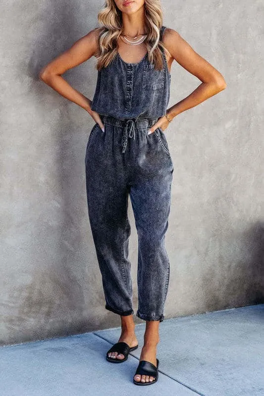 JA958 Sleeveless Loose Fit Denim Jumpsuit