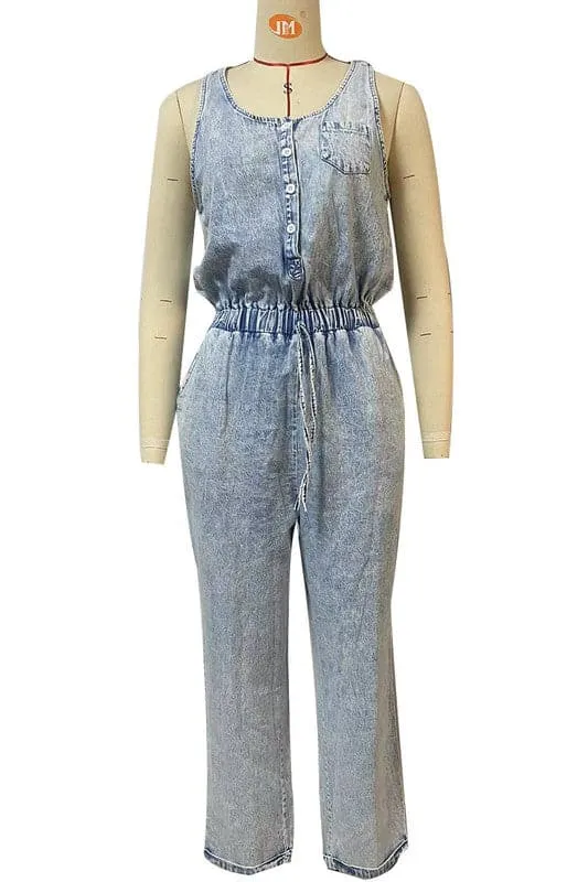 JA958 Sleeveless Loose Fit Denim Jumpsuit