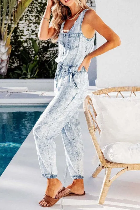 JA958 Sleeveless Loose Fit Denim Jumpsuit