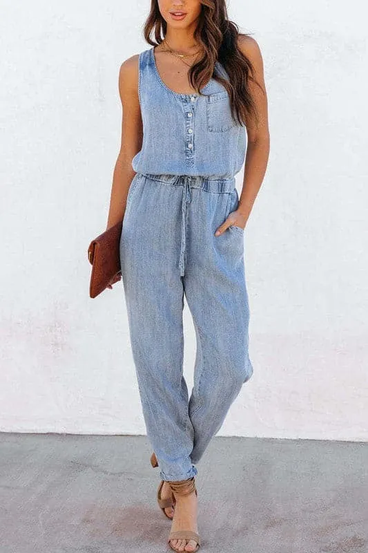 JA958 Sleeveless Loose Fit Denim Jumpsuit