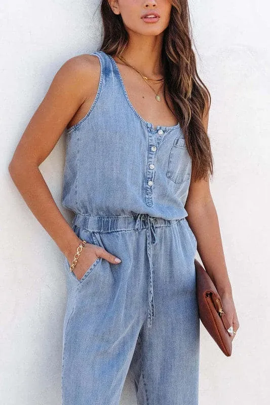JA958 Sleeveless Loose Fit Denim Jumpsuit