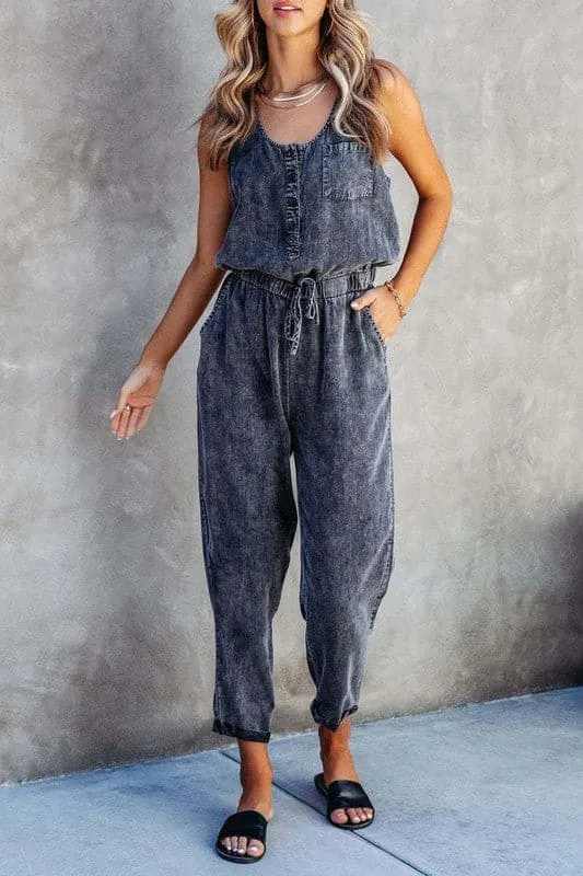 JA958 Sleeveless Loose Fit Denim Jumpsuit