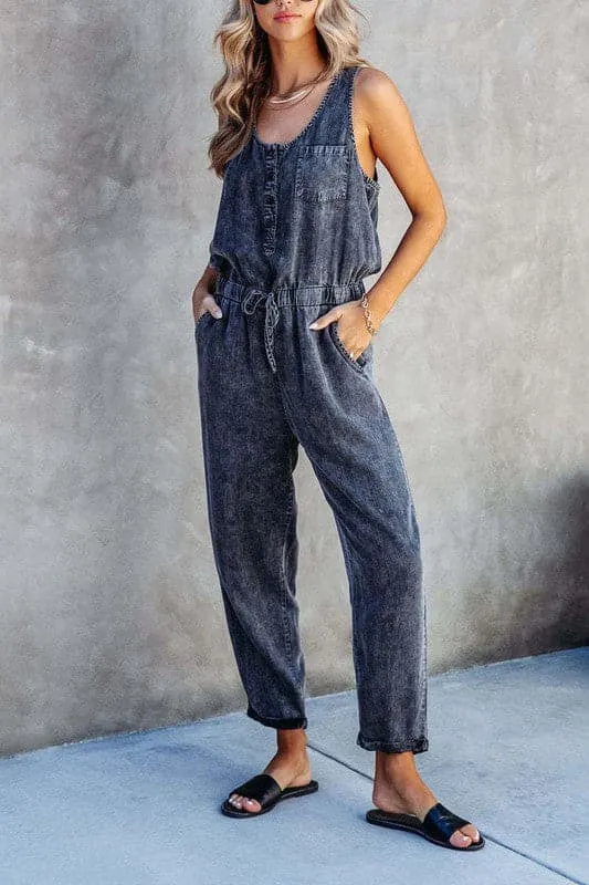 JA958 Sleeveless Loose Fit Denim Jumpsuit