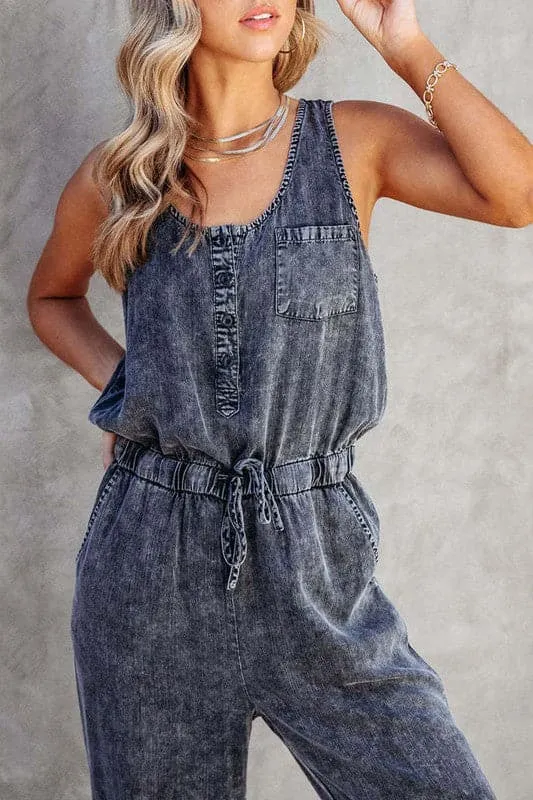 JA958 Sleeveless Loose Fit Denim Jumpsuit