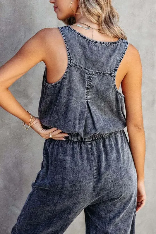 JA958 Sleeveless Loose Fit Denim Jumpsuit