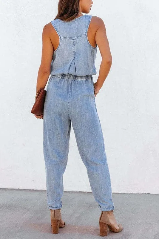 JA958 Sleeveless Loose Fit Denim Jumpsuit
