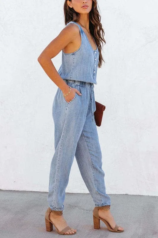 JA958 Sleeveless Loose Fit Denim Jumpsuit