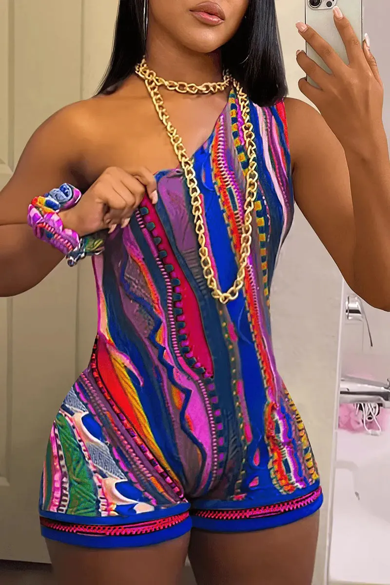 JD844 Graphic Print One-Shoulder Romper