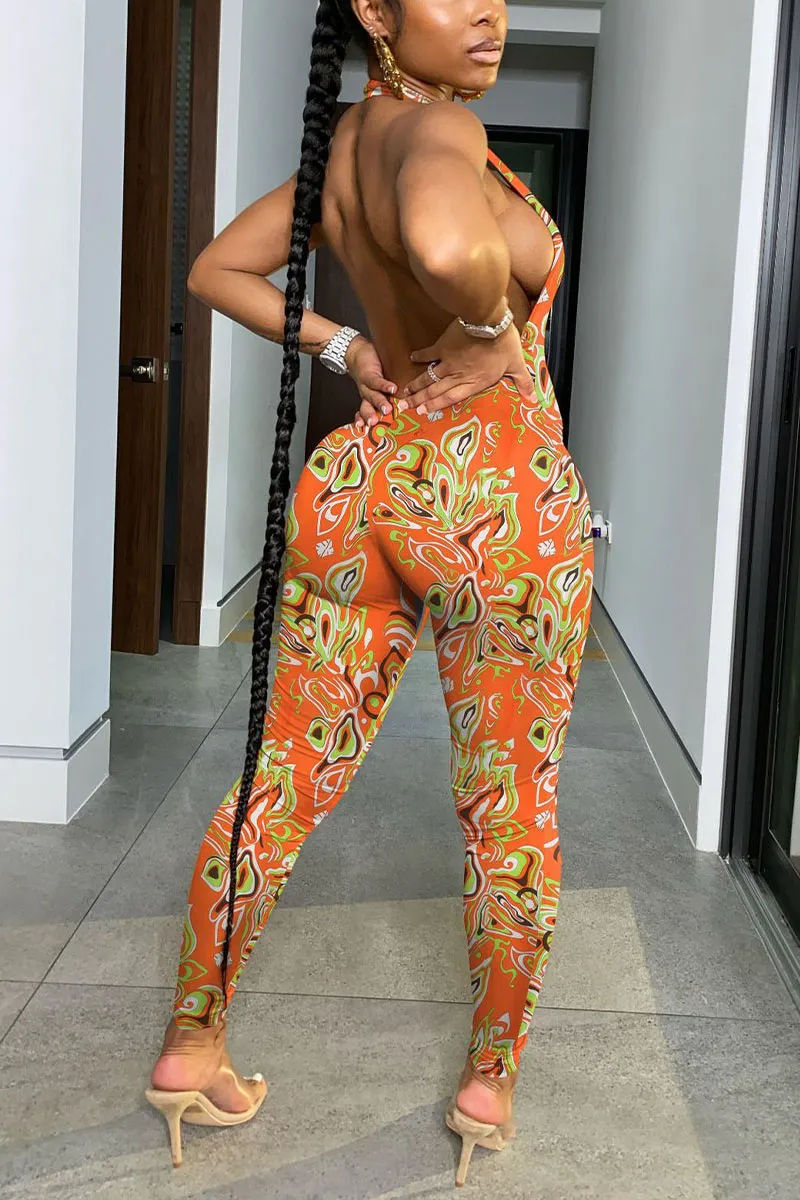 JD845 Plunging Graphic Print Halter Jumpsuit