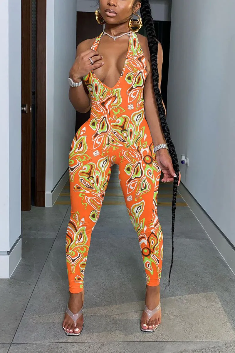 JD845 Plunging Graphic Print Halter Jumpsuit